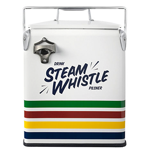Shop this retro style Hudsons Bay x Steam Whistle Cooler. Perfect to keep your drinks cold all summer long